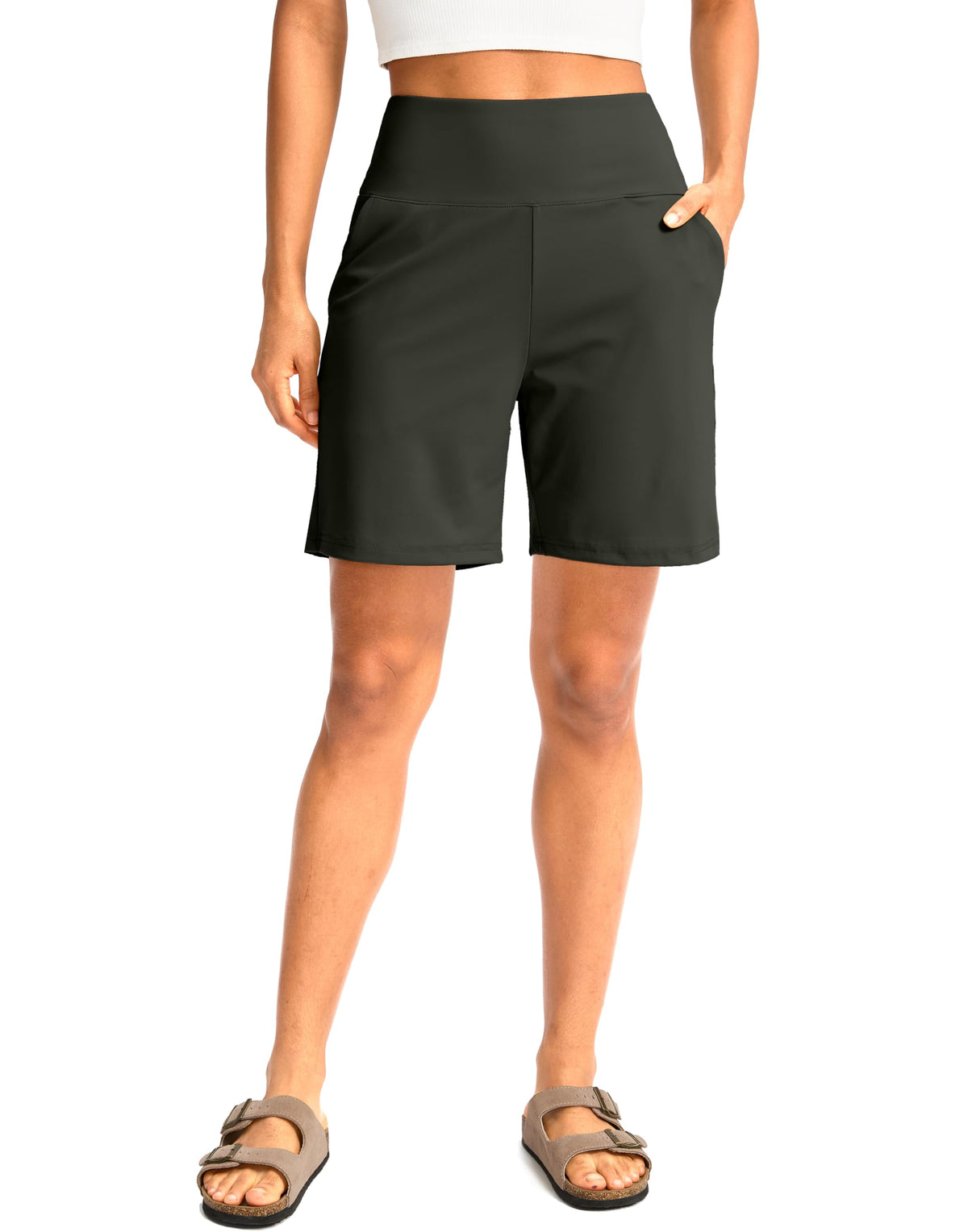 G Gradual Women's Bermuda Long Shorts with Pockets 7" High Waisted Knee Length Shorts for Women Walking Athletic Workout(Olive-L7,S)