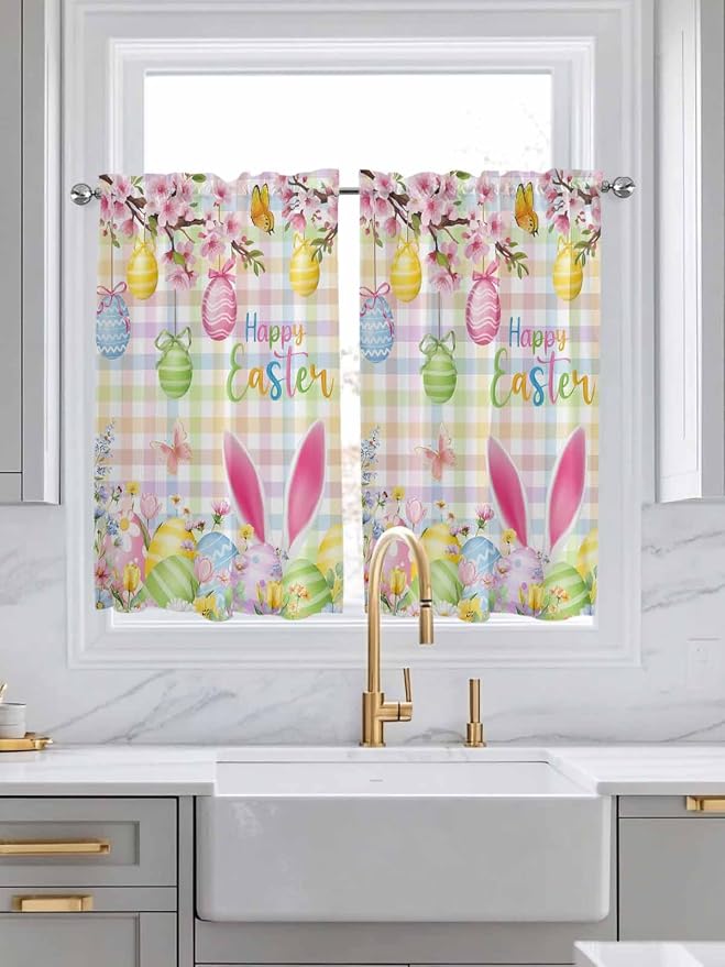Happy Easter Kitchen Curtains 54 Inches Length, Spring Bunny Colorful Eggs