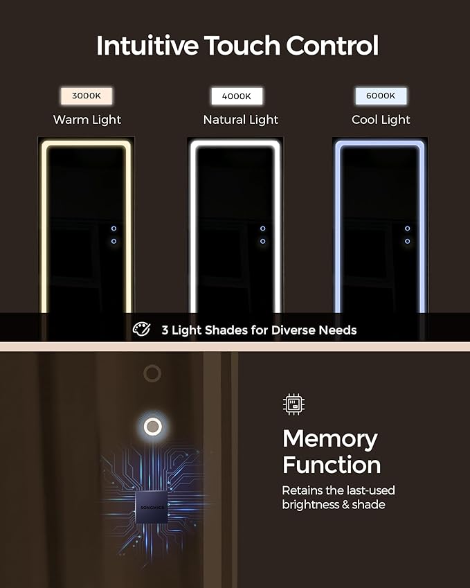 SONGMICS LED Jewelry Cabinet Standing, Lockable Armoire With Full-Length Mirror and Adjustable Lights, Space-Saving Organizer, Gift Idea, Ash Brown UJJC008K02