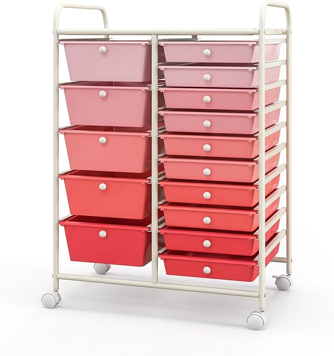 COSTWAY 15 Drawer Rolling Storage Cart, Mobile Utility Cart with Lockable Wheels, Drawers, Multipurpose Organizer Cart for Home, Office, School, Gradient Pink