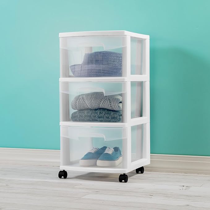 Sterilite 6 Pack Plastic Storage Organizer, 3 Drawer Rolling Bin Cart, Closet Organization, White