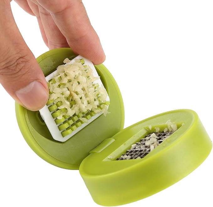 DOSMAMZ Garlic Peeler Garlic Mincer, Press, Cutter, and Storage Container - Includes Silicone Garlic Peeler and Mini Brush - Easy to Clean - Stainless Steel Blades
