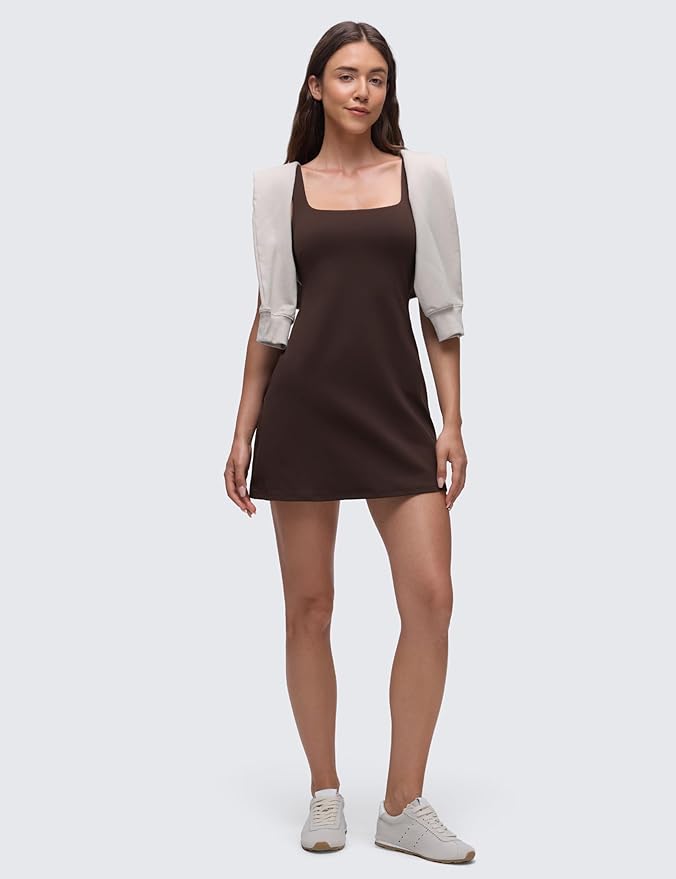 CRZ YOGA Butterluxe Linerless Square Neck Tennis Dress for Women - A Line Casual Outfits with Shelf Bra No Built-in Shorts