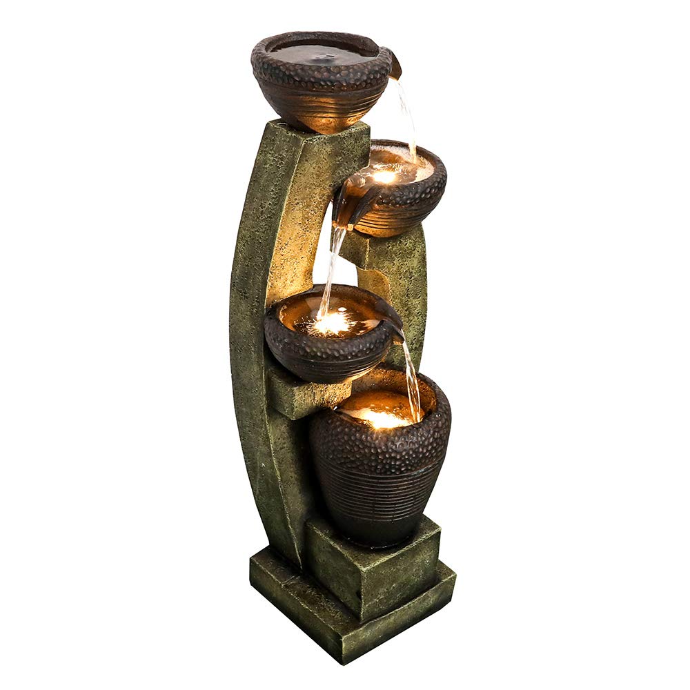 Naturefalls 40” H Modern Outdoor Fountain - 4 Crocks Outdoor Garden Fountains with Contemporary Design&LED Light for Garden, Patio, Deck, Porch, Backyard and Home Art Decor (40in, Light Gray)