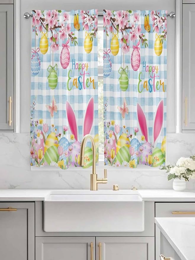 Happy Easter Bedroom Curtains 63 Inches length, Spring Watercolor Bunny Eggs