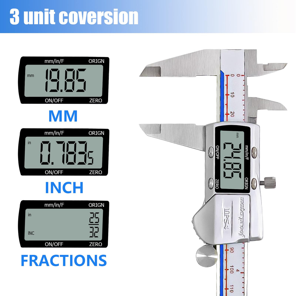 Digital Caliper Measuring Tool, IP54 Waterproof Stainless Steel Vernier Caliper Digital Micrometer with Large LCD Screen, Easy Switch from Inch Metric, 6 Inch Caliper Tool for DIY/Household