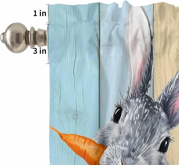 Easter Kitchen Curtain Set, Spring Grey Rabbit Carrots Colorful Wooden Plank