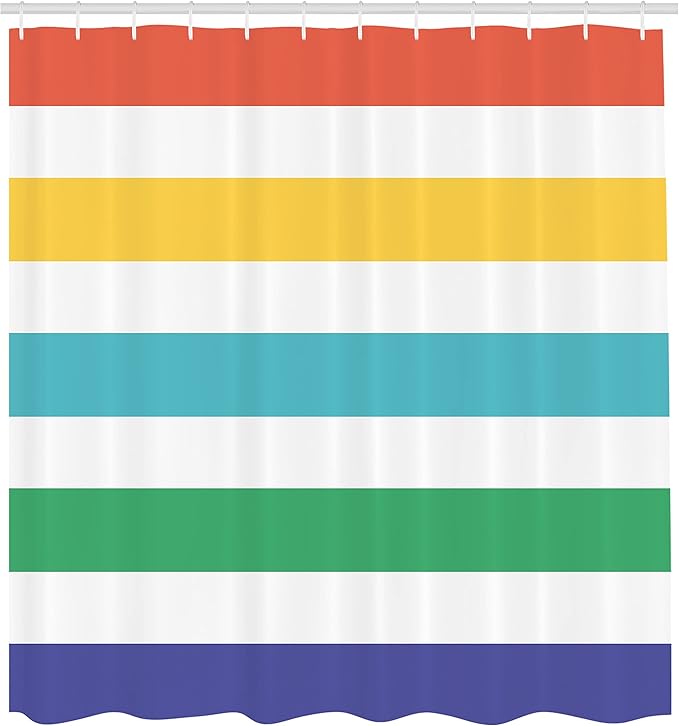 Ambesonne Striped Shower Curtain, Rainbow Colored and White Fun Horizontal Lines Room Red Yellow Blue Green Art, Cloth Fabric Bathroom Decor Set with Hooks, 69" W x 75" L, White Mustard Jade Green