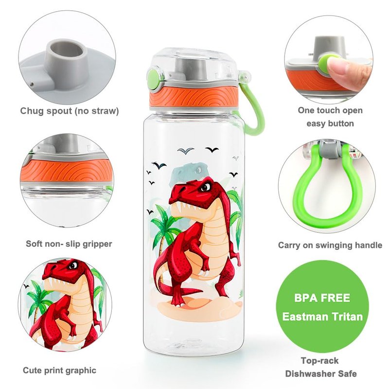 Home Tune 23oz Kids Water Bottle for School Boys, BPA FREE Tritan, Leak Proof Flip Top Lid, Easy Clean, Carry Handle - Dinosaur