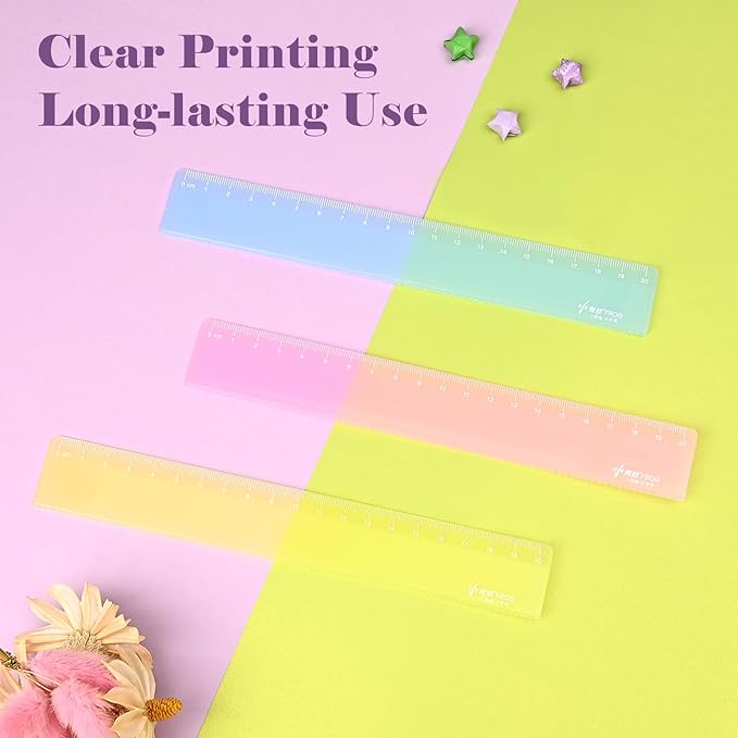 BAYTORY 12Pcs Transparent Ruler Set, Shatterproof Colorful Acrylic Rulers, Clear Lightweight Geometry Set, Student Stationery Measuring Tool, for School and Office (Macaroon Colors)