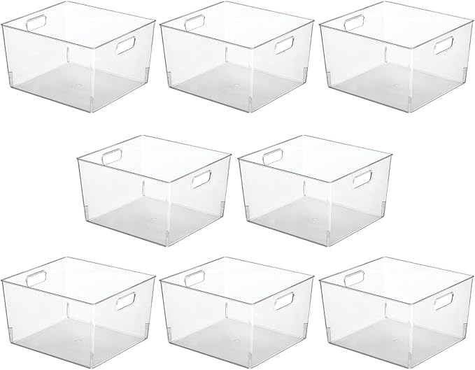mDesign Large Plastic Office Storage Organizer Container Bin with Handles - Basket for Cabinet, Cupboard, Desk, Closet and Shelf Organization - Holds Notebook, Books - Ligne Collection, 8 Pack, Clear