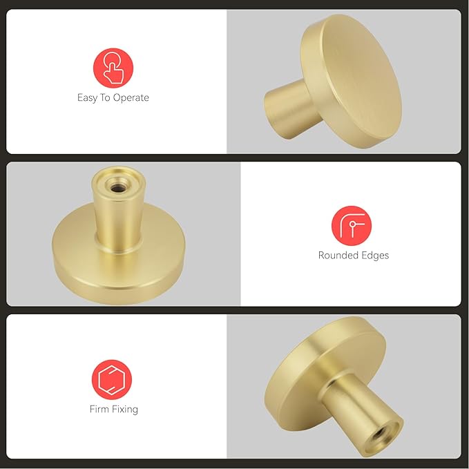 homdiy 25 Pack Gold Cabinet Knobs Round Brushed Brass Kitchen Handles Zinc Alloy Metal Hardware for Dresser Drawer Desk Cupboard
