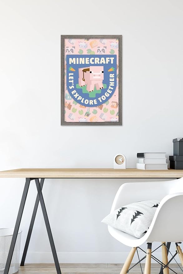 Trends International Minecraft - Let's Explore Together Wall Poster, 22.4L x 14.7W, Barnwood Framed Version