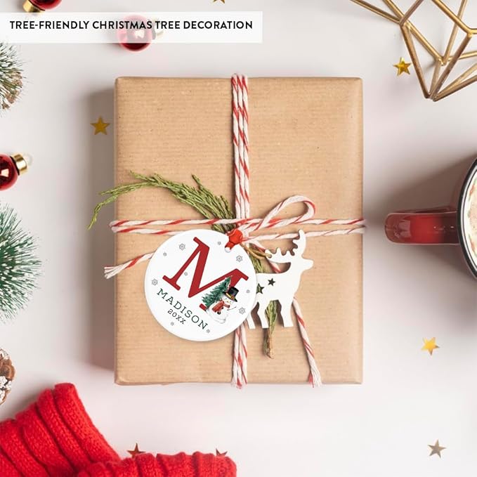Andaz Press Personalized Ornament, Custom Name, Initial M Monogram Snowman 2.8" Ceramic Porcelain 2025 Christmas Ornament Keepsake for Kids, Boys, Girls, Initial Ornaments Monogram Ornaments 1-Pack