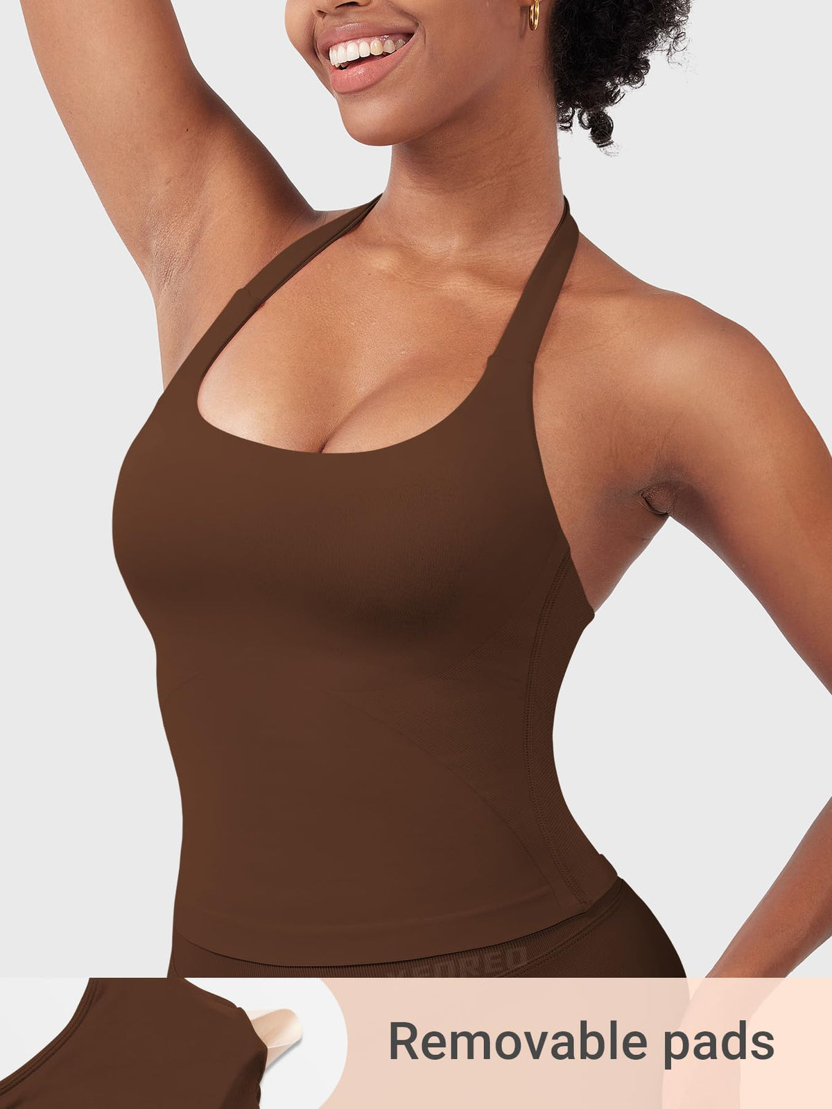 YEOREO SoftHue Women's Impact Halter Tank Top Longline Backless Scoop Neck Built-in Bra Sports Workout Gym Crop Top Deep Brown L