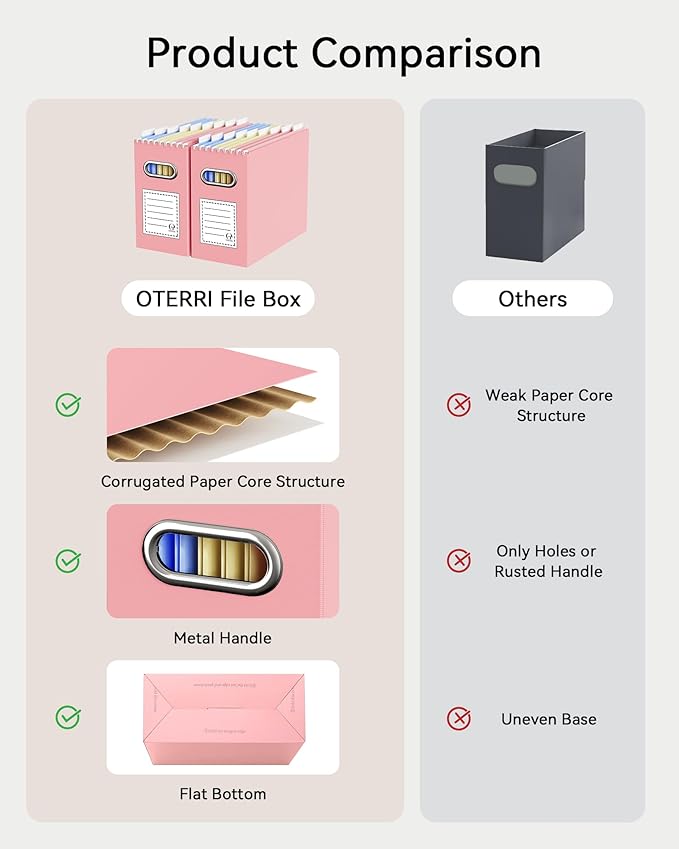 Oterri Cardboard File Organizer Box for Hanging File Folders Letter Size,File Box for Computer Desk,File Cabinet,Working Home,Office,Classroom(Pink,Letter Size - 2 Packs)
