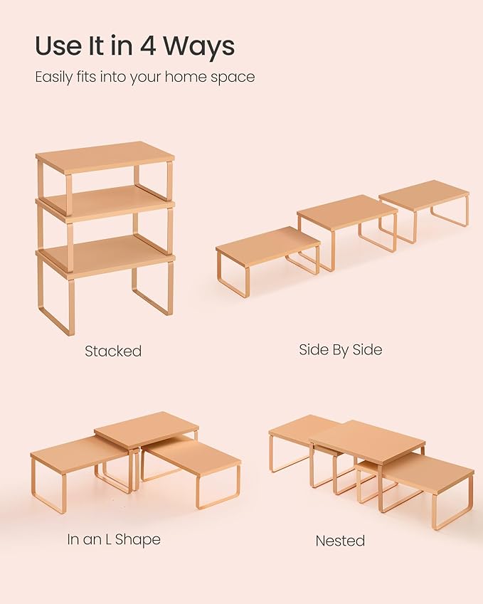 SONGMICS Cabinet Organizer Shelf, Set of 3 Kitchen Counter Shelves, Kitchen Storage, Spice Rack, Stackable, Expandable, Apricot UKCS220Y01V1