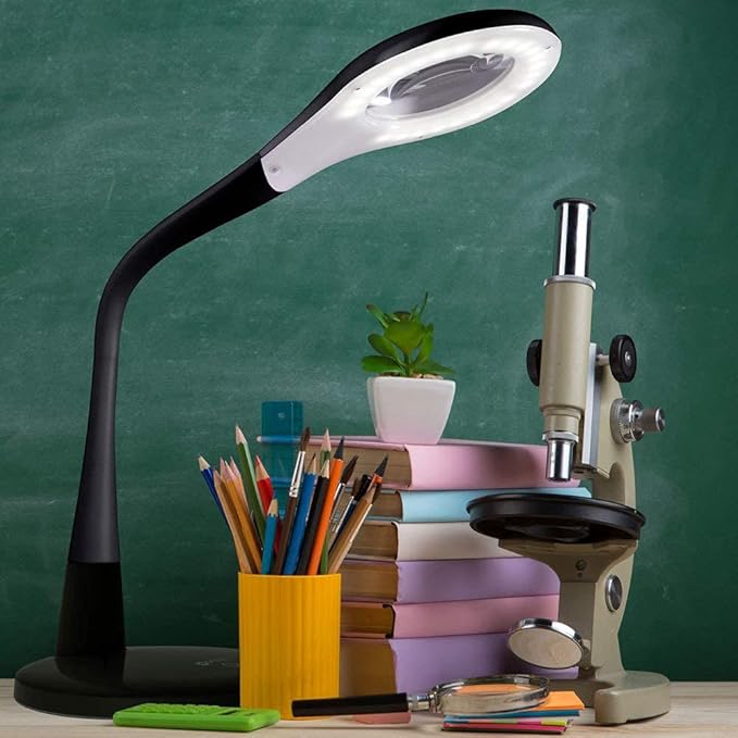OttLite LED Desk Lamp with Adjustable Magnifier, Prevention Series - Designed to Reduce Eyestrain - Adjustable Flexible Neck, 4 Brightness Settings & Touch Controls - Crafting, Reading & Studying