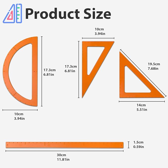 Braille Ruler Set - Durable ABS Math & Geometry Tools (Triangular Protractor, Rulers) - Ideal for Blind Students, School Learning Supplies