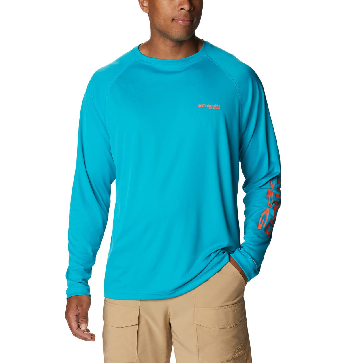 Columbia Men's Terminal Tackle Long Sleeve Fishing Shirt, Ocean Teal/Corange Logo, Large