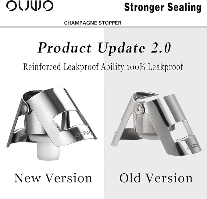 OUWO Champagne Stopper 6 Pack Stainless Steel Champagne Save with Food Grade Silicone, Leak-Proof Bubble Retaining Saver, Suitable for Champagne Prosecco Cava and Sparkling (Silver)