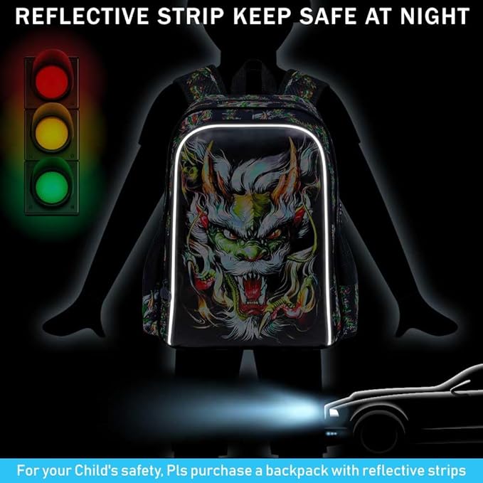 KLFVB 3PCS Boys Bookbag, 17" Kids Backpack and Lunch Box, Water Resistant Teenagers School Bag for Middle Elementary - Green Dragon