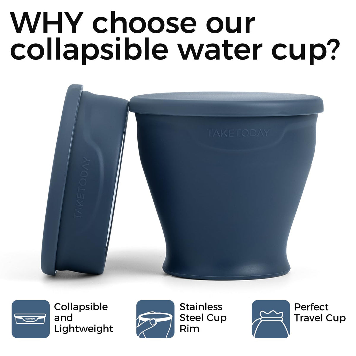 TakeToday Collapsible Travel Cup 8 Oz, Silicone Foldable Water Cup, BPA-Free with Lid & Waterproof Bag - Drinking Cup Set for Camping, Outdoors & International Travel, Navy