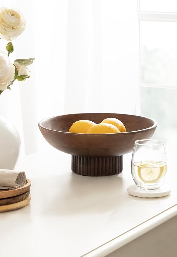 Kate and Laurel Rooks Modern Decorative Ribbed Wood Bowl, 12 Inch Diameter, Walnut Brown, Transitional Raised Fruit Bowl for Kitchen Counter or Use as Living Room or Entryway Table Decor