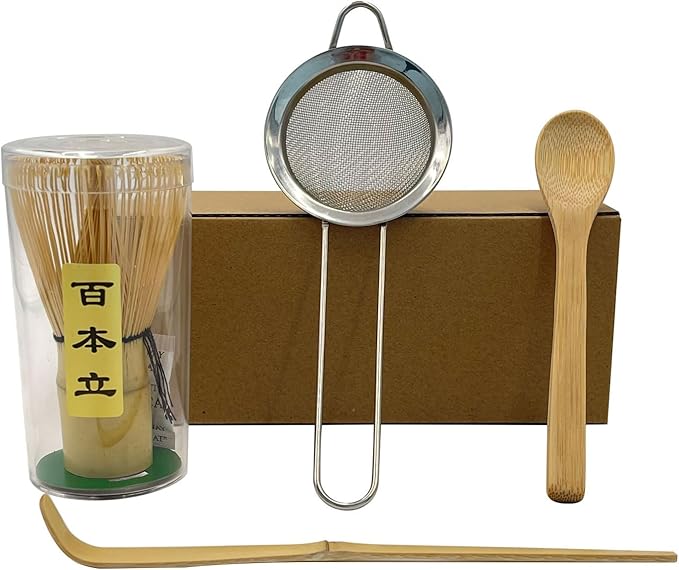 WOCHANTRI Matcha Whisk Set 4 Pieces Set for Matcha Beginners, Including a Traditional Bamboo Whisk, Spoon, Tea Sieve and Bamboo Spoon