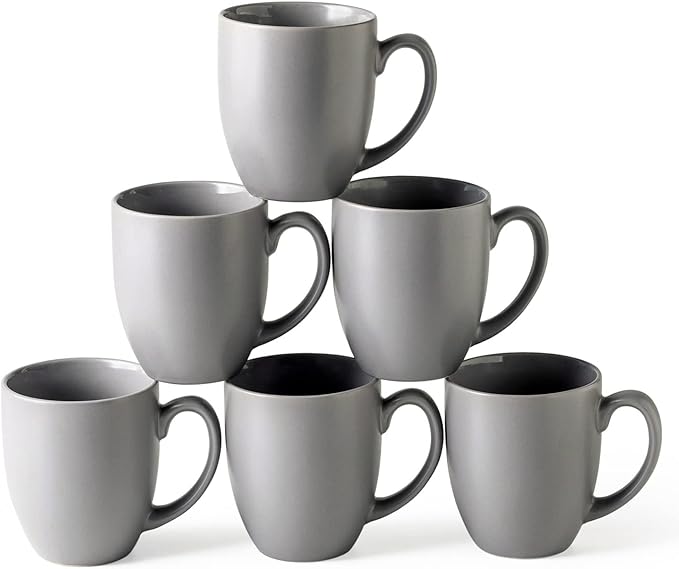 AmorArc Coffee Mugs Set of 6, Ceramic coffee mugs with large handle for Men Women,16oz Coffee Mugs for Coffee,Tea,Latte,Cocoa. Easy to Hold&Clean, Dishwasher&Microwave Safe, Matte Grey