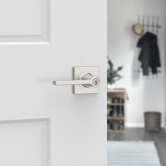 Kwikset Casey Entry Door Handle with Lock and Key, Secure Keyed Reversible Lever Exterior, for Front Entrance and Bedrooms, Satin Nickel, 4 Pack, Pick Resistant SmartKey Rekey Security and Microban