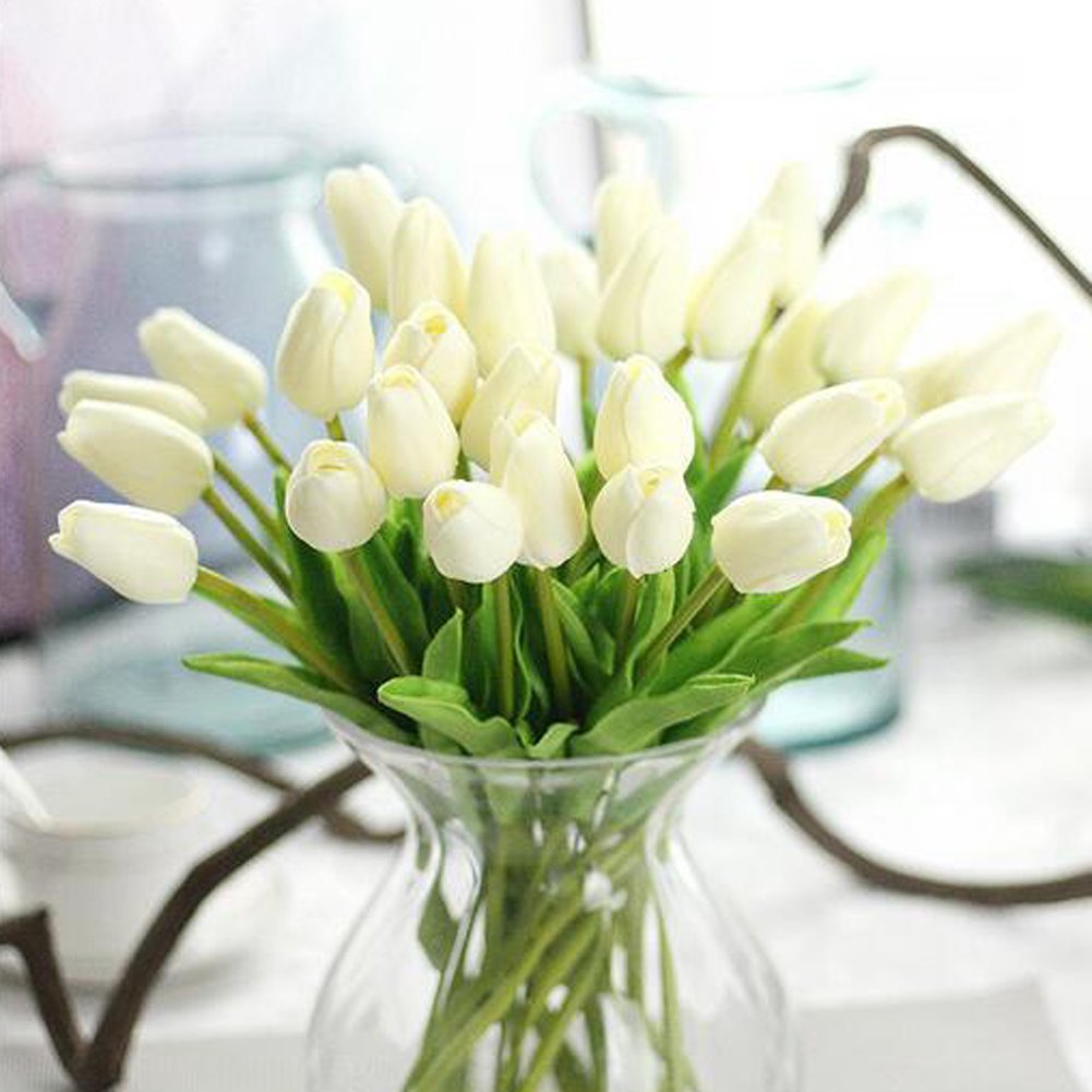 chilsoby 30 Pcs Artificial Tulip Flowers Real Touch Tulips Fake PU Tulip Flower Bouquet for Home Wedding Party Office Decor (Off White)