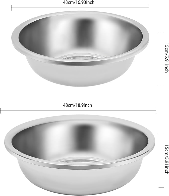 2 Pcs Stainless Steel Mixing Bowls, 18.9x5.91/16.93x5.91 In Large Stainless Steel Mixing Bowl Efficient Cleaning Salad Bowls Ideal for Tossing Salads Kneading Dough Marinating