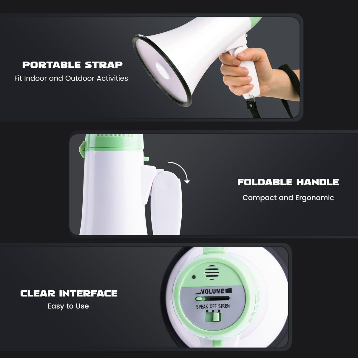 MyMealivos Portable Megaphone Bullhorn 20 Watt Power Megaphone Speaker Voice and Siren/Alarm Modes with Volume Control and Strap (White&Green)