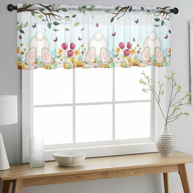 Easter Sheer Valances for Windows 42"x12", Light Filtering Kitchen Curtains