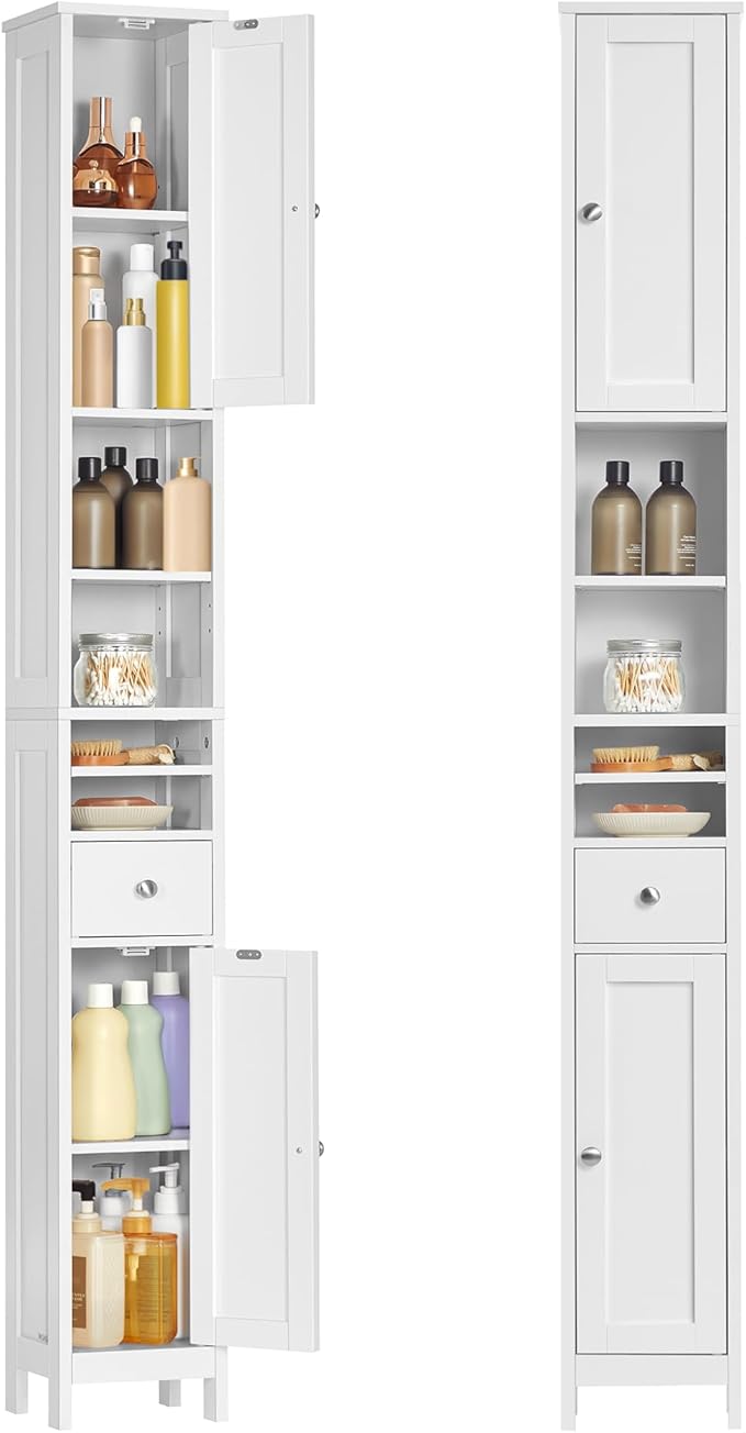 VASAGLE Tall Storage Cabinet, Slim Freestanding Floor Cabinet with Adjustable Shelves, Drawer, Open Compartments, for Small Spaces, Bathroom, Living Room, Modern, Cloud White UBBC765W01