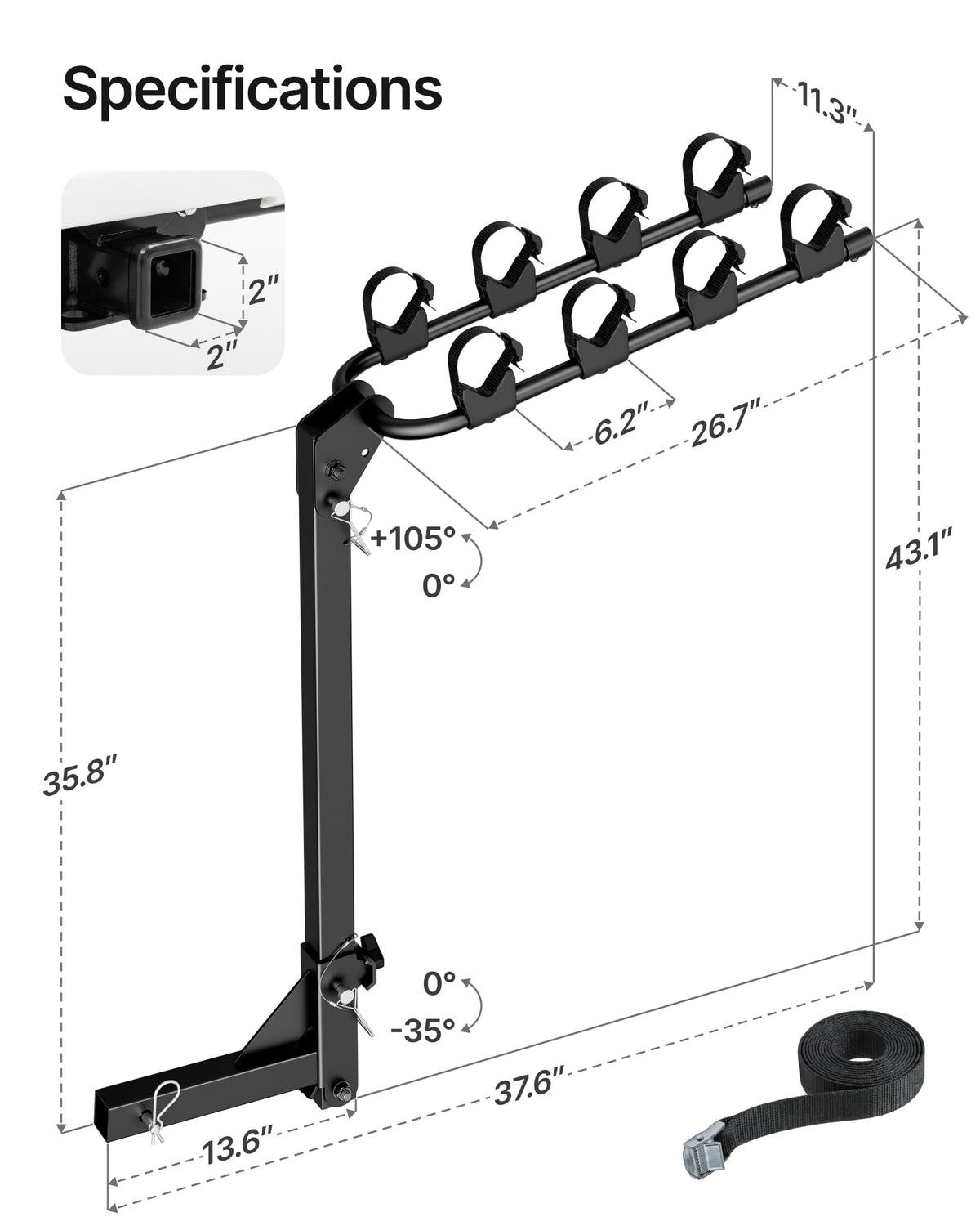 monTEK 4-Bike Rack for Cars, Trucks, SUVs with 2” Hitch, Foldable & Tiltable Bike Rack Hitch,3mm Thick Heavy-Duty Steel Frame, Hitch Bike Rack with Anti-Rattle Stability and Straps, 150 Pound Capacity