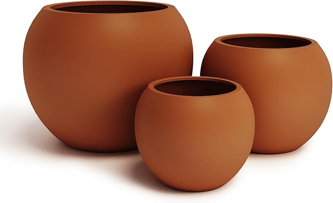 DTY Signature Mount Sherman Modern Indoor Outdoor Fiberstone Sphere Planter, Durable Round Garden Pot, Weather Resistant, Drainage Hole & Rubber Plug, Planter for Christmas Tree - Large, Terracotta