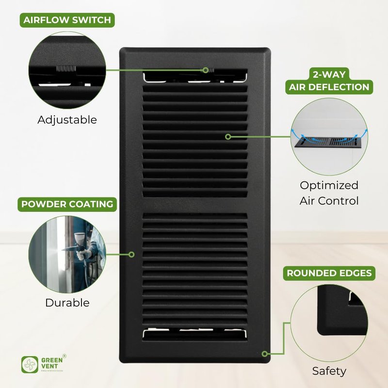 GREEN VENT Floor Register 4x10, 2-Way Steel Vent Cover with Steel Damper, Walkable, Matte Black, Includes Vent Cover Trap