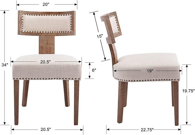 Mid Century Modern Dining Chairs Set of 2 Linen Fabric Upholstered Kitchen Side Chairs with Nailhead Trim, Modern Kitchen Armless Solid Wood Dining Chairs, Beige