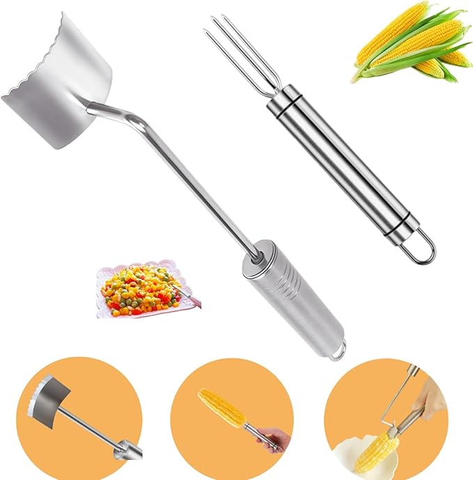 Corn Cob Stripper Tool Set, Newly Upgraded Sawtooth Long Handle Stainless Steel Corn on the Cob Stripper Tool and Corn Holder, Corn Peeler for Corn on the Cob, Silver, 2 Pcs