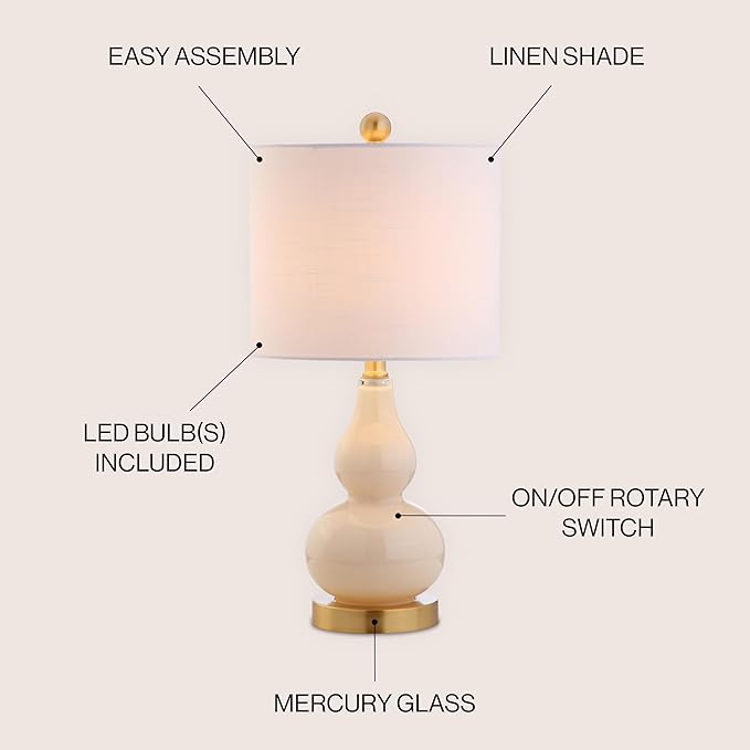 JONATHAN Y 20.5" Ivory Glass Table Lamp, Modern Gourd Bedside Nightstand Lamp for Bedroom, Living Room, White Linen Shade, LED Bulb Included (JYL1028B)