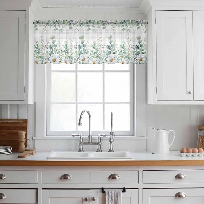 Eucalyptus Leaves Daisy Sheer Valance Curtains, Summer Farmhouses Gray Plaid