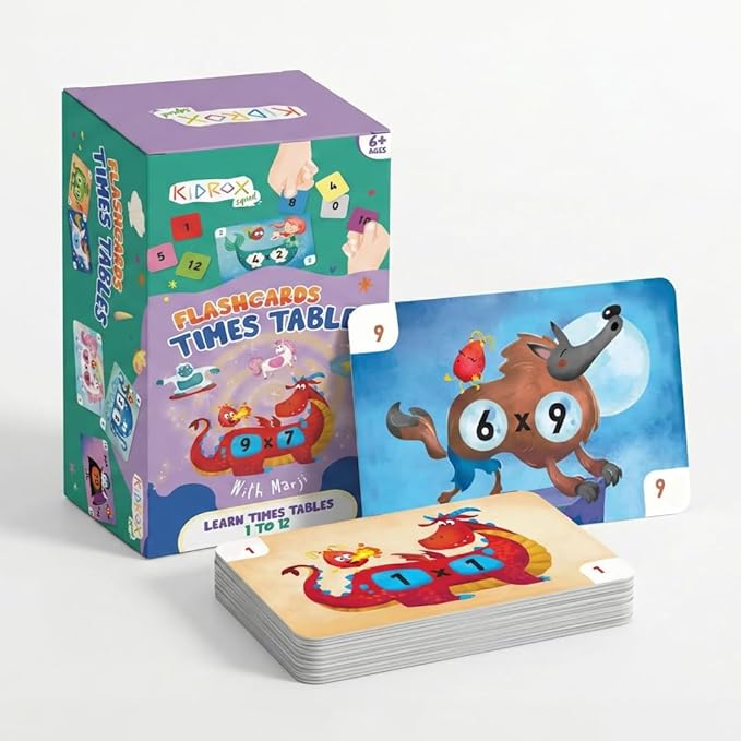 Kidrox Multiplication Flash Cards, Times Tables 1 to 12, Interactive Learning Cards with Fun Character Design, Educational Math Practice Set