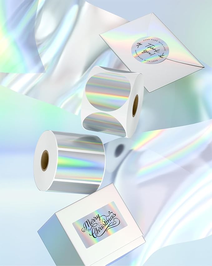 MUNBYN 2.25"x1.25" Holographic Thermal Sticker Labels Silver, Color Self-Adhesive Stickers Label, Glitter Thermal Printer Label for DIY Logo Design, QR Code, Name Tag,500 Sheets/1 Roll