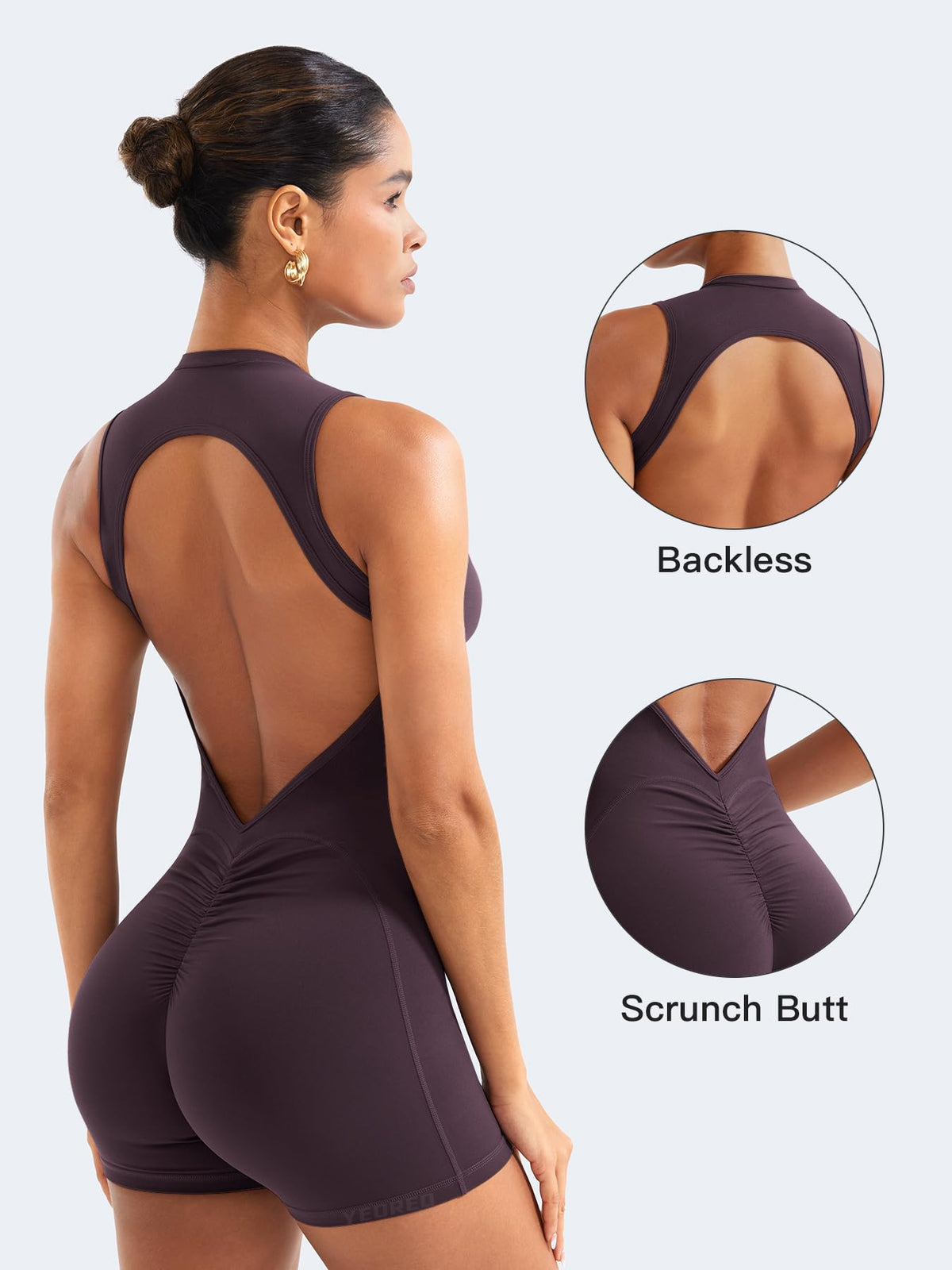 YEOREO CoreFlex Backless Workout Jumpsuits Black Berry Purple M