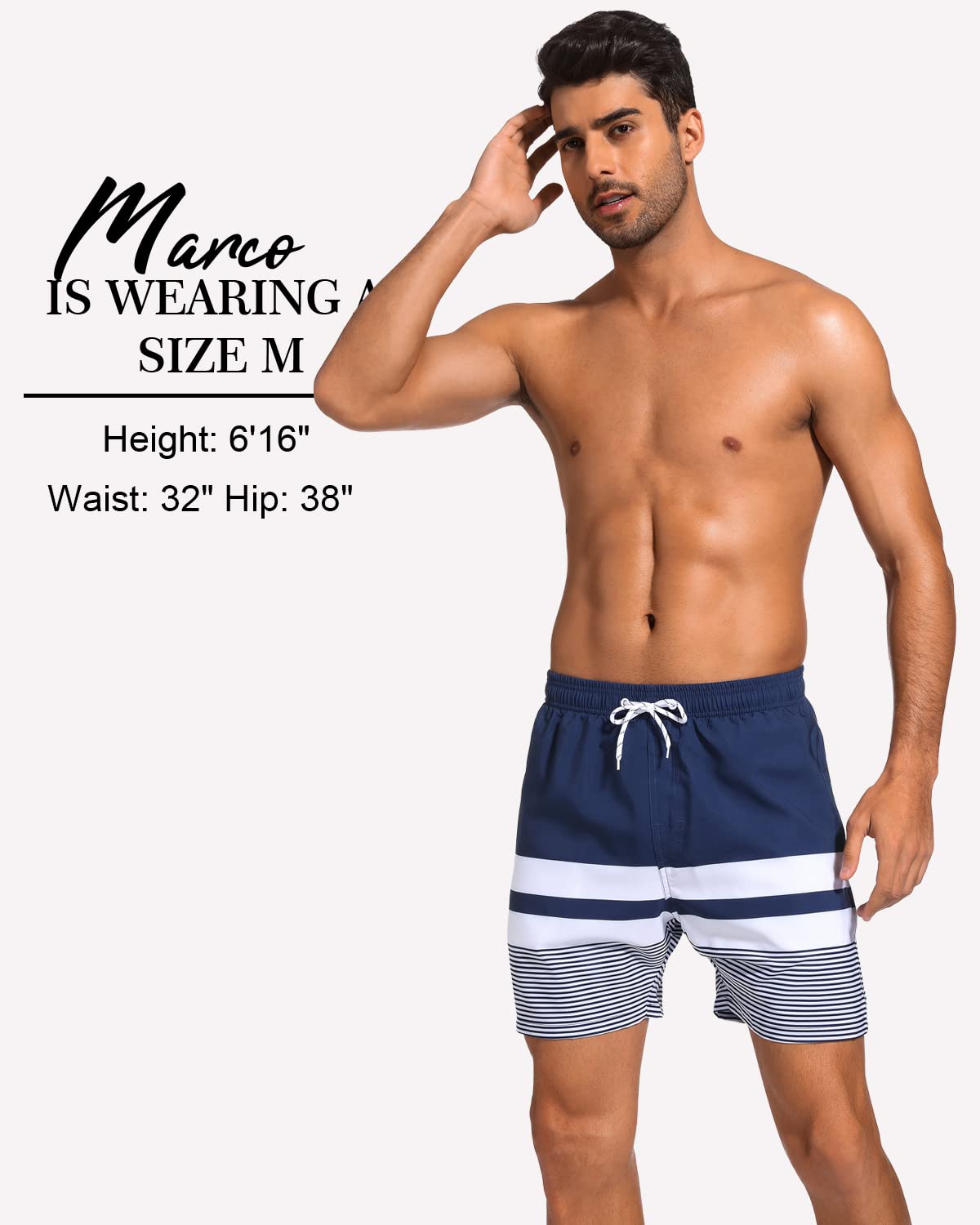 SILKWORLD Quick Dry Mens Swim Trunks with Compression Liner Stretch Swim Shorts Bathing Suits with Zipper Pockets,Dark Navy&White Stripes,X-Large