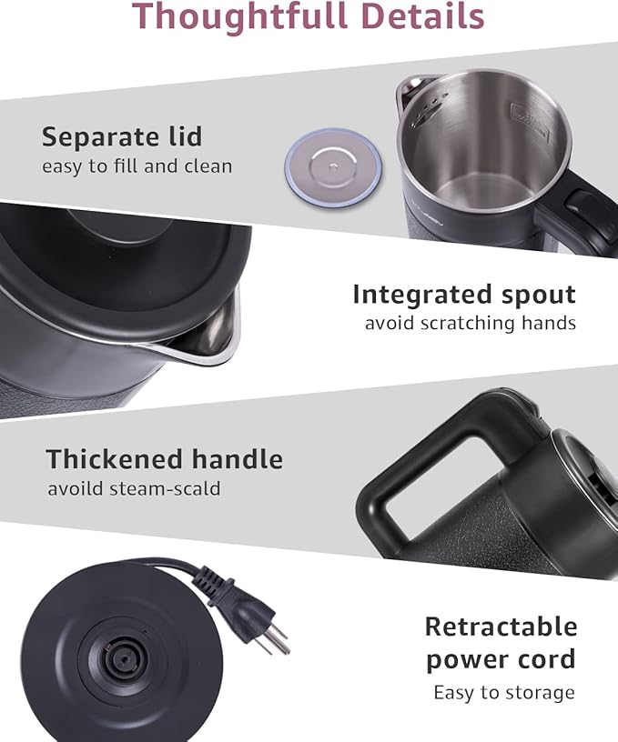 WTJMOV 0.6L Small Electric Tea Kettle Lightweight, 20 Ounce Double Wall Hot Water Boiler Stainless Steel Auto Shut-off, 120V Portable Travel Electric Kettle Fast Boil for Tea and Coffee, Black
