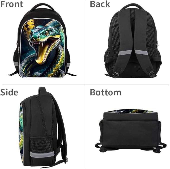Kids Backpack Lightweight Durable Medium Teens Kids Backpack for School Boys and Girls Bookbag with Adjustable Shoulder Straps & Padded Back 17 Inch School bags with 3D Snake Reflective Cartoon