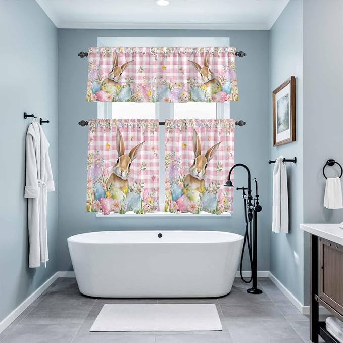 Kitchen Curtains Tiers and Valance Set of 3, Easter Light Filtering Window